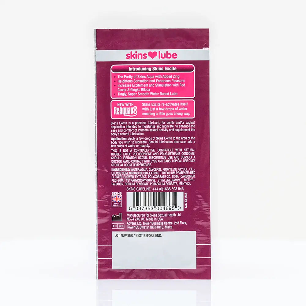 Skins Excite Tingling Water Based Lubricant - 5ml Foil - Save 25% - Fast Shipping - Sale United Kingdom Stoke-on-trent
