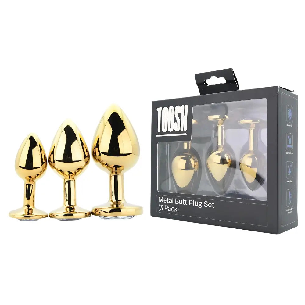 Toosh Metal Butt Plug Gold Set of 3 Clear Stone - Save 5% - Anal Dildos United Kingdom Stoke-on-trent