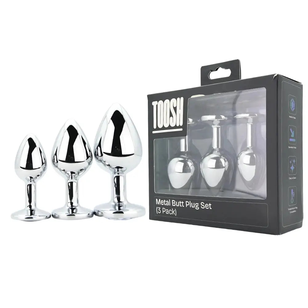 Toosh Metal Butt Plug Silver Set of 3 Clear Stone - Save 5% - Anal Dildos United Kingdom Stoke-on-trent
