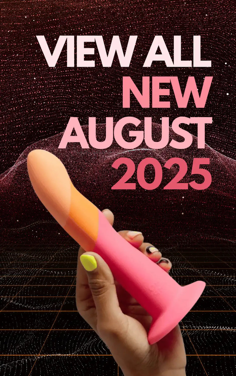 Hand holding a pink and orange object with text 'VIEW ALL NEW AUGUST 2025' on a dark background
