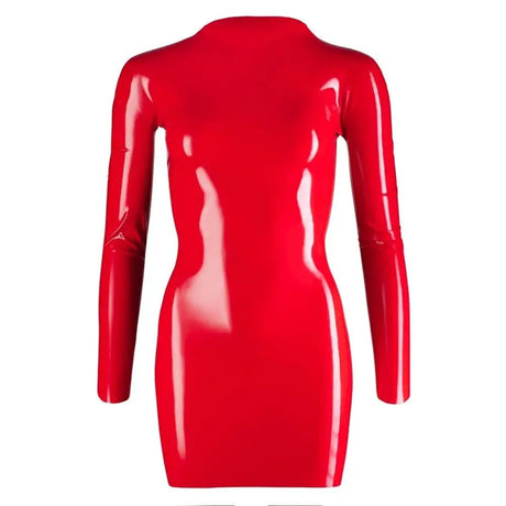Zip Up Latex Mini Dress with Long Sleeves Red - with - Fast Shipping - Sale United Kingdom Stoke-on-trent