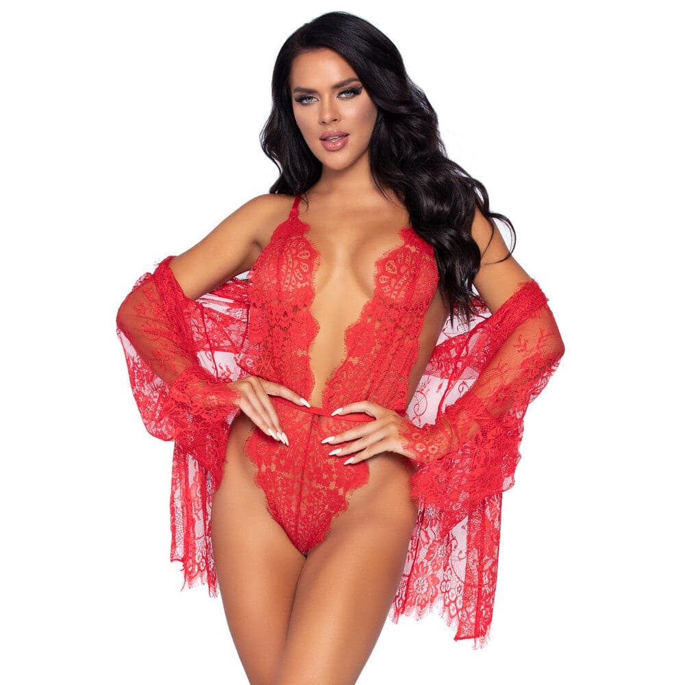 Leg Avenue Floral Lace Teddy en Robe Red