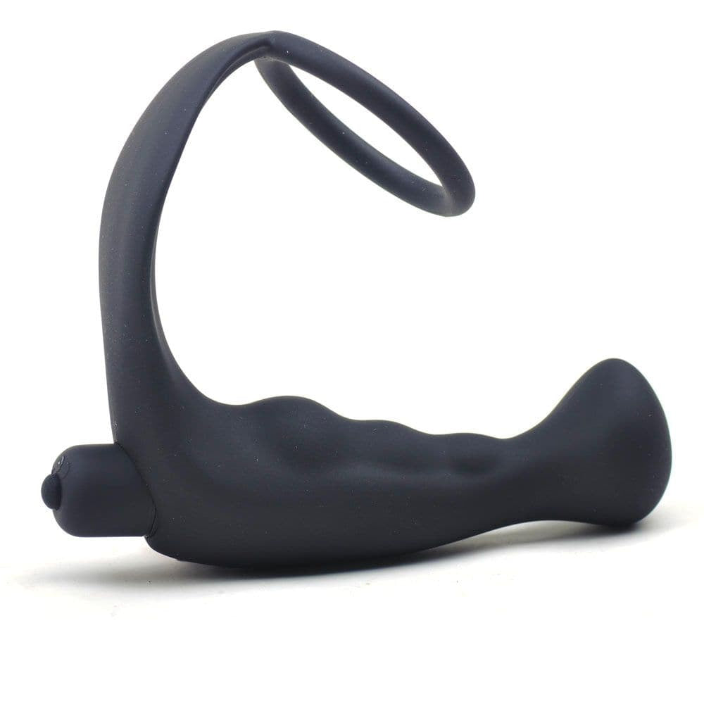 Vibrateur de bouchon anal en silicone noir avec anneau de bite