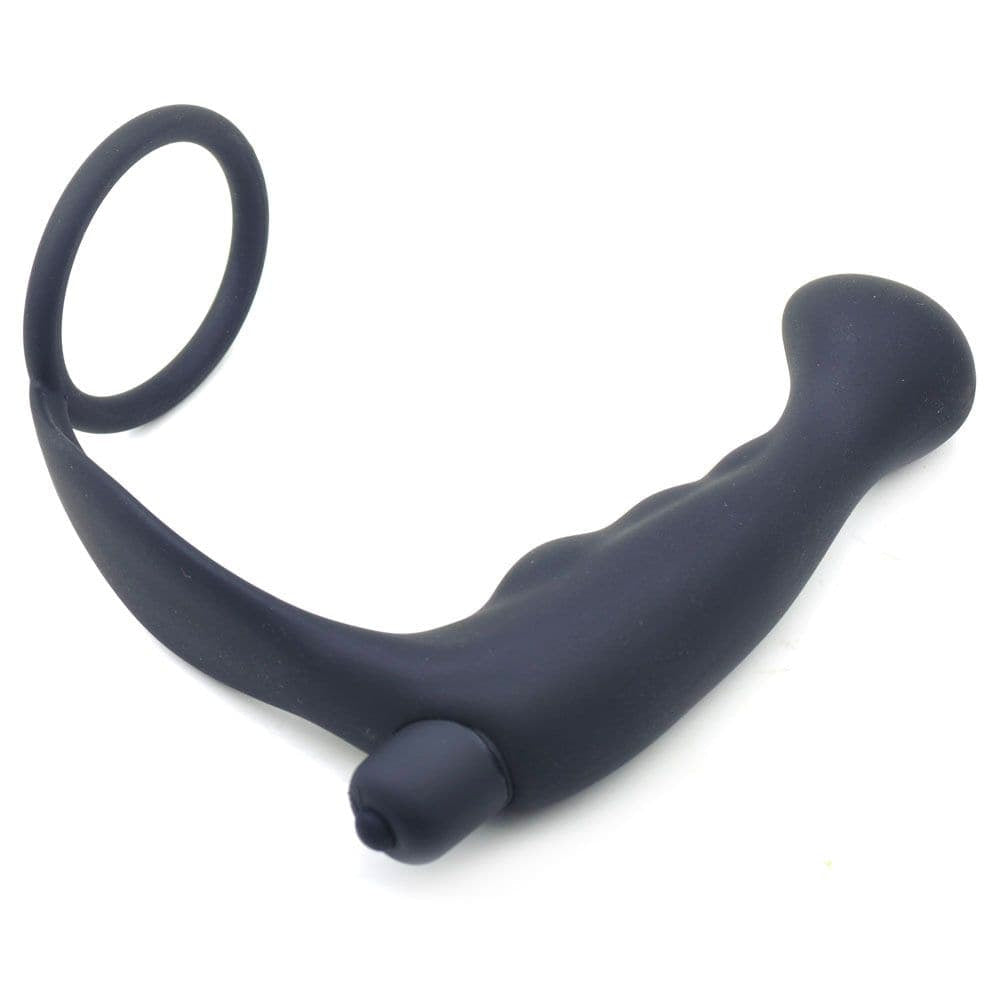 Vibrator de dop anal din silicon negru cu inel de cocoș