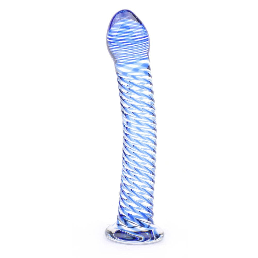 Vibrador de vidro com design em espiral azul