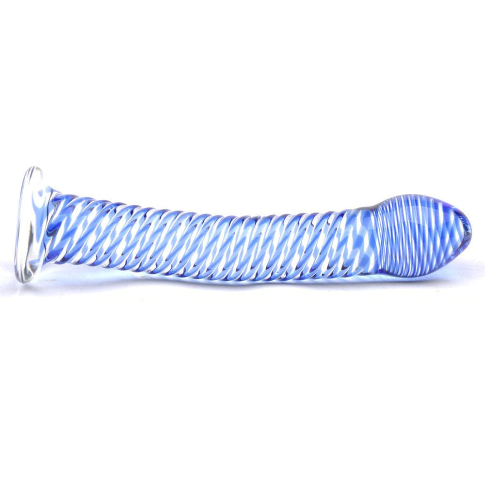 Glazen dildo met blauw spiraalvormig ontwerp