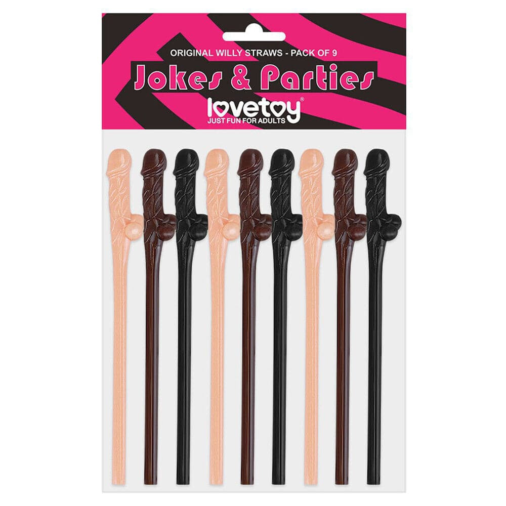 Lovetoy Pack 9 Willy Straws Black Brown and Pink