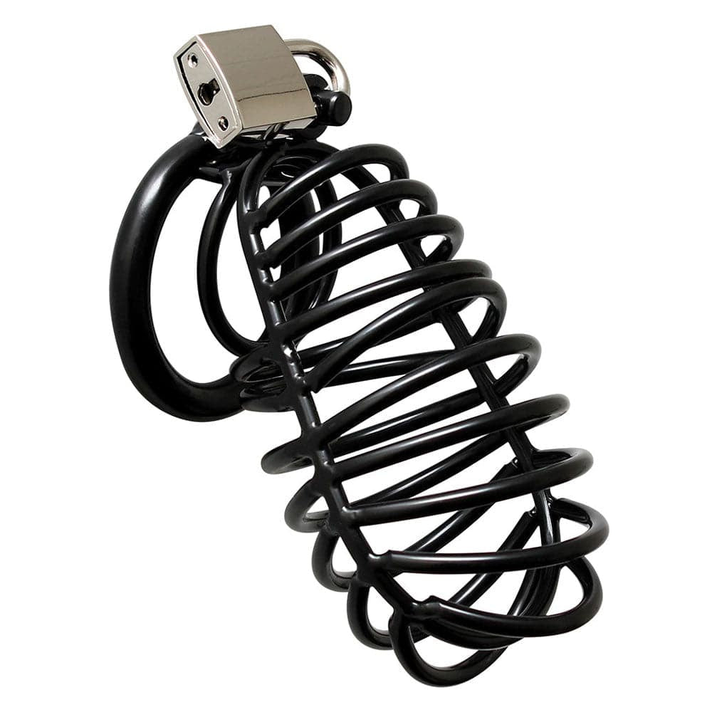 Appareil de chasteté masculine en métal noir avec cadenas
