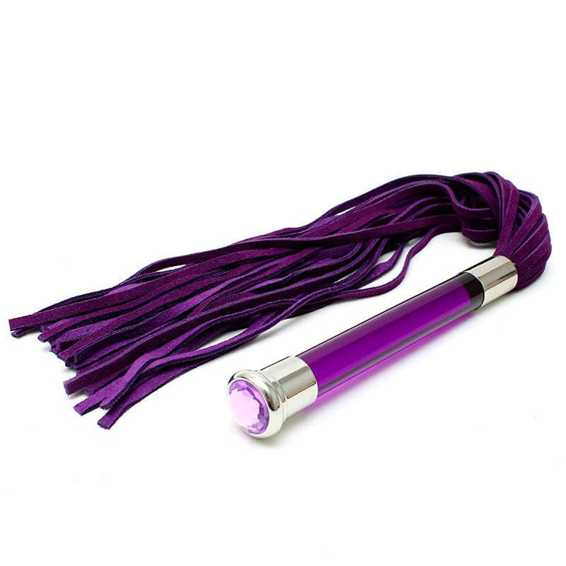 Paarse suede flogger met glazen handvat en kristal