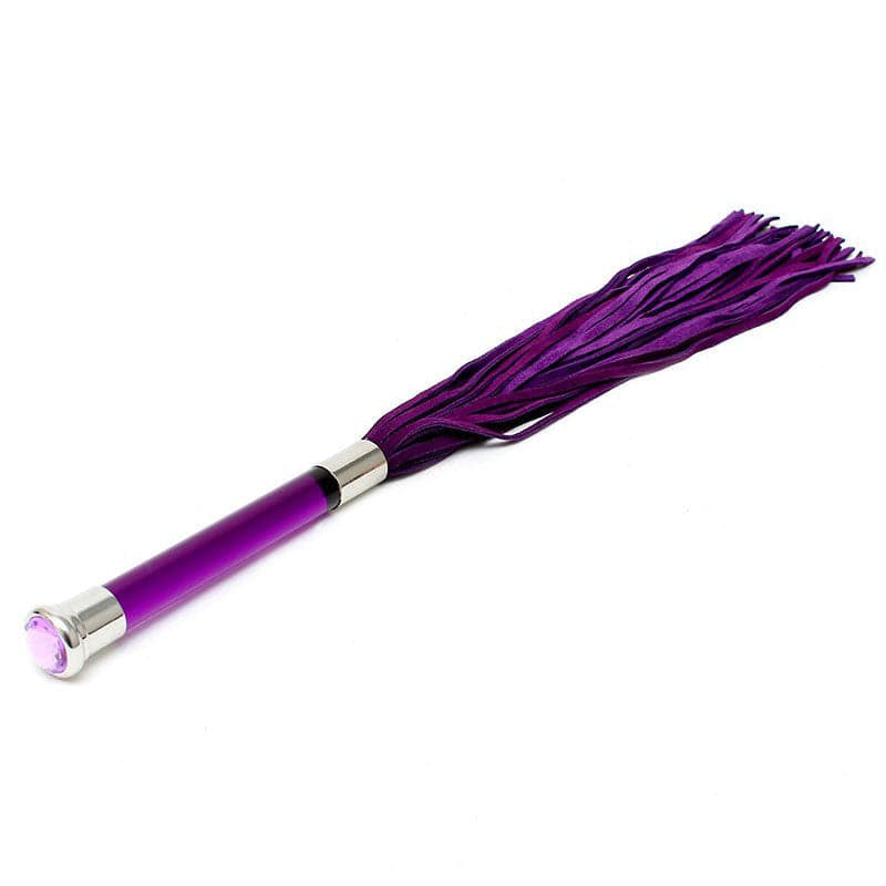 Flogger en daim violet avec poignée en verre et cristal