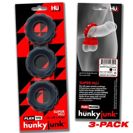 Hunkyjunk Super Huj Pack de 3 anillos para pene Black Tar Ice