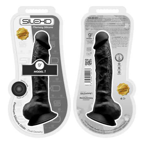 Silexd 9 inch realistische siliconen dual -dichtheid dildo met zuigbeker met ballen zwart