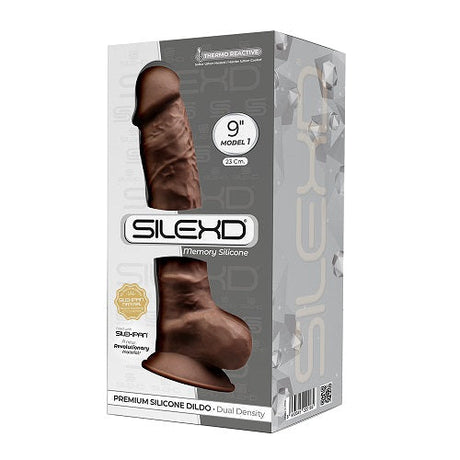 Silexd 9 tommer realistisk silikone dobbelt densitet dildo med sugekop med bolde brun