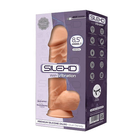 Silexd 8,5 tommer realistisk vibrerende silikon Dual Density Girthy Dildo med sugekopp med baller