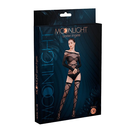 Moonlight Black Bardot Style Body med strumpor En storlek