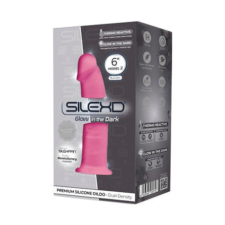 Silexd 6 inch gloed in de donkere realistische siliconen dual -dichtheid dildo met zuigbeker roze