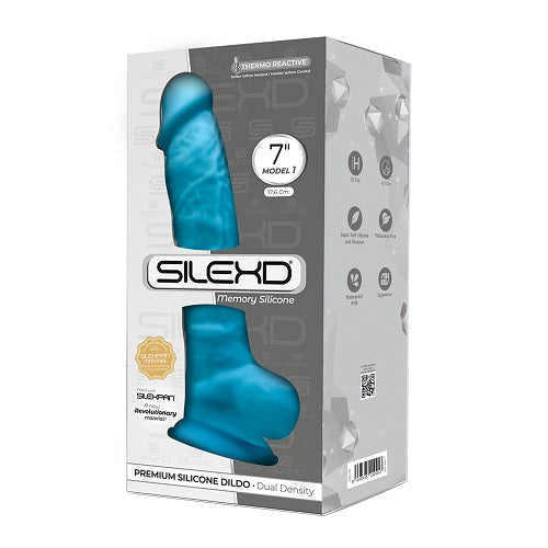 Silexd de 7 pulgadas de silicona realista consolador de densidad dual con taza de succión y bolas azules