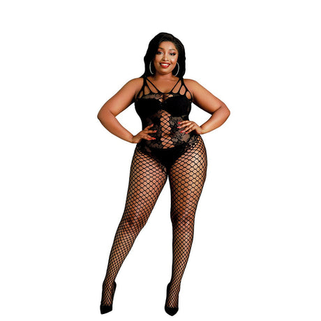 Moonlight Lace and Fishnet Bodystocking Black Plus Size